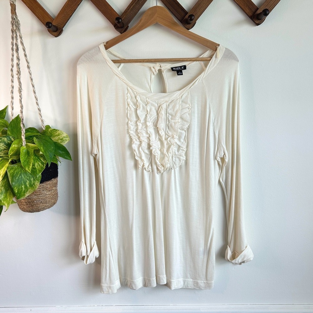 Allen B. Allen Schwartz Ivory Modal Ruffle Bib Keyhole Back Top‎ L